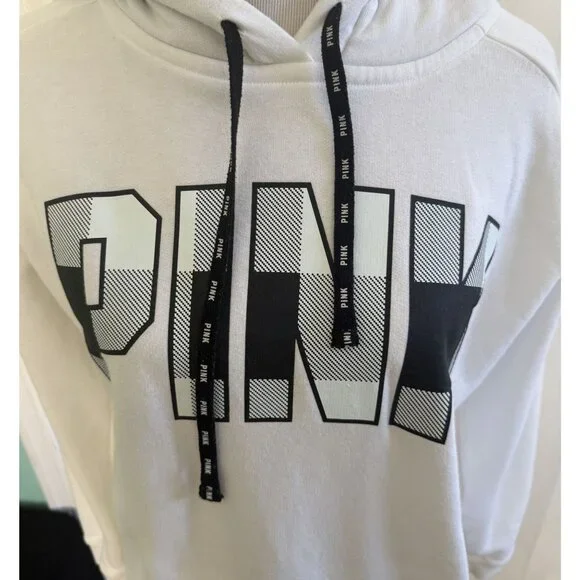 Victorias Secret Pink Sherpa Lined White Logo Hoodie Size Small - Picture 2 of 7